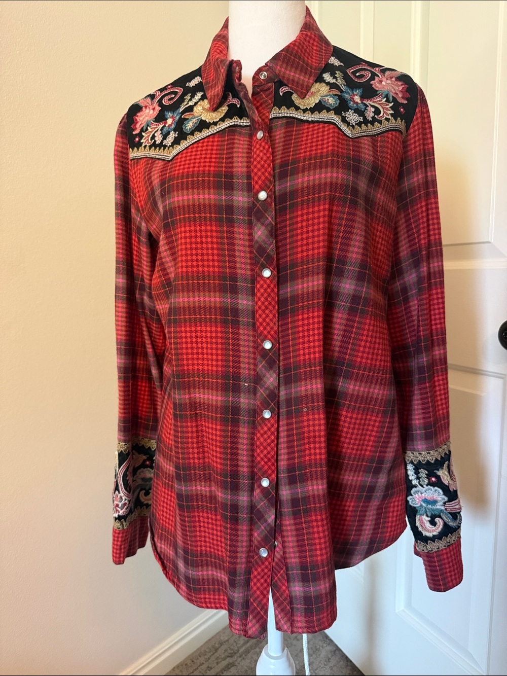 Johnny Was Red Plaid Embroidered Western pearl snap Up Shirt
